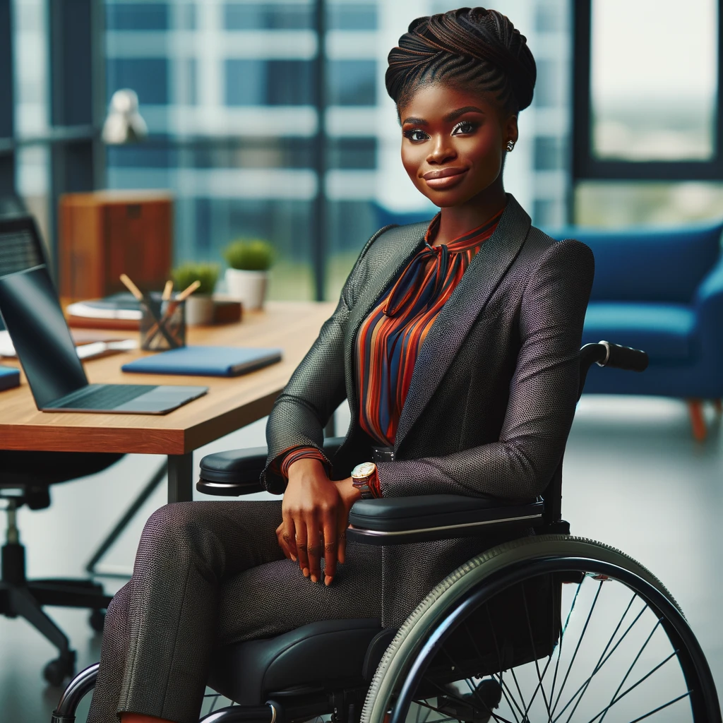 A black woman entrepreneur is seated confidently in a modern wheelchair. She wears a tailored grey business suit with an orange-striped blouse. Her hair is styled in an elegant updo, and she sports a watch on her wrist. She is smiling at the camera with a look of determination. In the background, there is an office environment with a desk, a laptop, various stationery items, and a large window showing a cityscape.