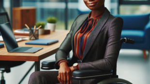 A black woman entrepreneur is seated confidently in a modern wheelchair. She wears a tailored grey business suit with an orange-striped blouse. Her hair is styled in an elegant updo, and she sports a watch on her wrist. She is smiling at the camera with a look of determination. In the background, there is an office environment with a desk, a laptop, various stationery items, and a large window showing a cityscape.