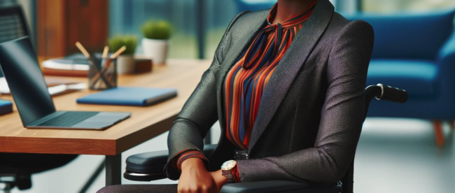 A black woman entrepreneur is seated confidently in a modern wheelchair. She wears a tailored grey business suit with an orange-striped blouse. Her hair is styled in an elegant updo, and she sports a watch on her wrist. She is smiling at the camera with a look of determination. In the background, there is an office environment with a desk, a laptop, various stationery items, and a large window showing a cityscape.