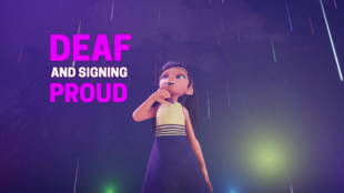 Melody Macatowearing a yellow sleeveless top with a navy skirt stands confidently against a vibrant purple background with the words 'DEAF AND SIGNING PROUD' in bold pink letters above her. Her hand is placed thoughtfully on her chin as she gazes upward, with a slight smile on her face, embodying a sense of pride and contemplation. The background also features streaks of rain and subtle glowing light, adding to the emotional and empowering atmosphere of the scene.