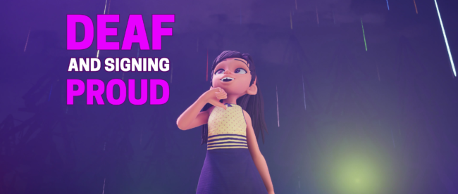 Melody Macatowearing a yellow sleeveless top with a navy skirt stands confidently against a vibrant purple background with the words 'DEAF AND SIGNING PROUD' in bold pink letters above her. Her hand is placed thoughtfully on her chin as she gazes upward, with a slight smile on her face, embodying a sense of pride and contemplation. The background also features streaks of rain and subtle glowing light, adding to the emotional and empowering atmosphere of the scene.