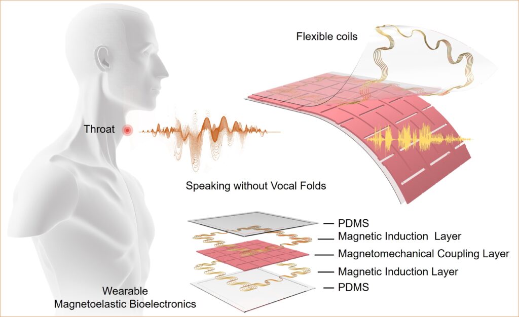 This is an illustrative diagram depicting a wearable bioelectronic device for speaking without vocal folds. It shows a side profile of a human figure with a focus on the throat area, where the device would be placed. The device itself is detailed in an exploded view, highlighting its components such as the flexible coils, PDMS layers, magnetic induction layers, and a magnetomechanical coupling layer. The diagram also shows sound waveforms representing the translation of muscle movements into speech.