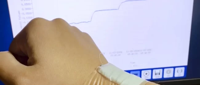 The image shows a person's hand wearing a wearable sensor device on their wrist, with the sensor connected to a computer screen displaying graphs and data related to monitoring or tracking movements or signals from the wearable sensor. The software on the screen is titled 