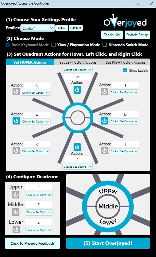 Screenshot of the Overjoyed Accessible Controller software interface. The software provides a customizable control overlay, consisting of a central wheel with eight outer quadrants and a middle circle divided into three sections. Users can configure each section with different key actions for gaming controls, and the interface offers modes for keyboard, Xbox/PlayStation, and Nintendo Switch. The layout is designed to facilitate gaming with minimal physical input, catering to users with accessibility needs. The top of the interface highlights options for setting up profiles, choosing modes, and configuring the 'dead zone' sensitivity for inputs. There's also a button to start the Overjoyed system.