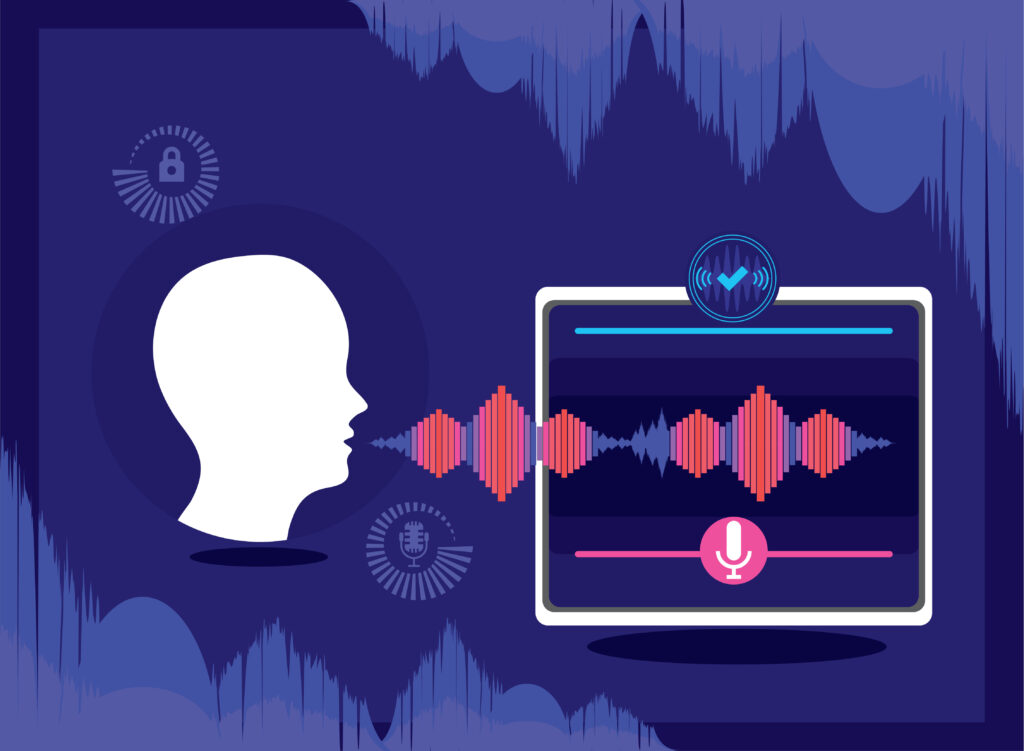 The graphic illustrates a concept related to voice recognition technology and speech analysis. On the left, a simplified, profile silhouette of a human head is depicted, with waveforms emanating from the mouth area, symbolizing speech. These waveforms transition smoothly into a graphic on a computer screen to the right, displaying a detailed waveform analysis. The screen also features a microphone icon and other graphical elements that suggest the processing of speech. The overall color scheme is shades of blue and purple.