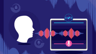 The graphic illustrates a concept related to voice recognition technology and speech analysis. On the left, a simplified, profile silhouette of a human head is depicted, with waveforms emanating from the mouth area, symbolizing speech. These waveforms transition smoothly into a graphic on a computer screen to the right, displaying a detailed waveform analysis. The screen also features a microphone icon and other graphical elements that suggest the processing of speech. The overall color scheme is shades of blue and purple.