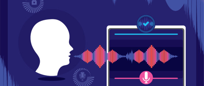 The graphic illustrates a concept related to voice recognition technology and speech analysis. On the left, a simplified, profile silhouette of a human head is depicted, with waveforms emanating from the mouth area, symbolizing speech. These waveforms transition smoothly into a graphic on a computer screen to the right, displaying a detailed waveform analysis. The screen also features a microphone icon and other graphical elements that suggest the processing of speech. The overall color scheme is shades of blue and purple.