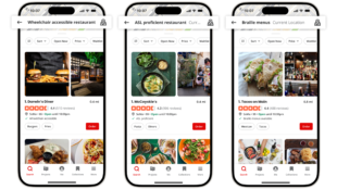 The image shows three mobile screens of the Yelp app, each highlighting different accessibility features for restaurants. 1. The first screen is filtered for "Wheelchair accessible restaurant," displaying "Darwin's Diner" with a rating of 4.4 stars from 510 reviews. It indicates that the diner is wheelchair accessible and provides information such as location, hours of operation, and cuisine type. 2. The second screen is filtered for "ASL proficient restaurant," featuring "McCoysie's" with a 4.3-star rating from 906 reviews. The listing shows that the restaurant has ASL proficient staff, along with similar details about location, hours, and cuisine. 3. The third screen is filtered for "Braille menus," showing "Tacos on Main" with a 4.4-star rating from 488 reviews. It notes that the restaurant offers Braille menus and includes standard information like location, hours, and cuisine type. Each screen emphasizes the specific accessibility attribute being searched for, making it easier for users to find businesses that meet their accessibility needs.