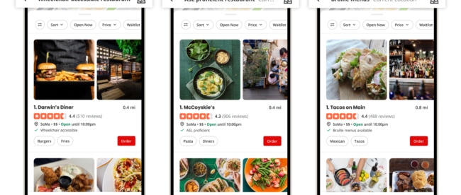 The image shows three mobile screens of the Yelp app, each highlighting different accessibility features for restaurants. 1. The first screen is filtered for 