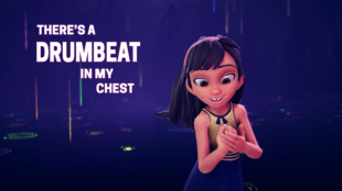 The image depicts a joyful animated character, a young girl with dark hair and a headband, wearing a sleeveless dress. She is smiling and appears to be holding her hands together in a way that suggests she is feeling or playing along with music. The background is a dark, starry scene with floating, glowing shapes. To the left of the character, bold text reads, “THERE’S A DRUMBEAT IN MY CHEST.”