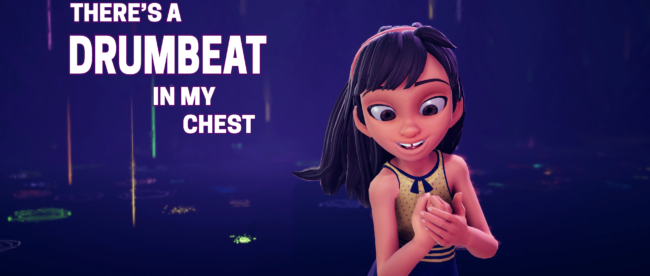 The image depicts a joyful animated character, a young girl with dark hair and a headband, wearing a sleeveless dress. She is smiling and appears to be holding her hands together in a way that suggests she is feeling or playing along with music. The background is a dark, starry scene with floating, glowing shapes. To the left of the character, bold text reads, “THERE’S A DRUMBEAT IN MY CHEST.”