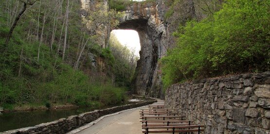 Photo of the iconic Natural Bridge at Natural Bridge State Park. The towering limestone arch, surrounded by dense forest, stands majestically over a serene pathway that follows a small stream. Benches are placed along the walkway, offering visitors a peaceful spot to admire the natural wonder and its tranquil environment. The rugged stone wall along the side adds to the rustic charm of the landscape.