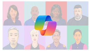 A grid of 8 professional headshots showing a diverse group of people against pastel backgrounds, with the Microsoft Copilot logo (a multicolored gradient ribbon) overlaid in the center.