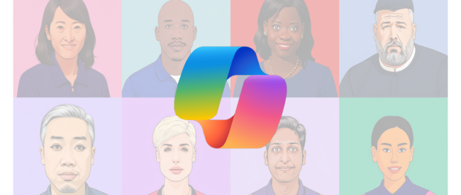 A grid of 8 professional headshots showing a diverse group of people against pastel backgrounds, with the Microsoft Copilot logo (a multicolored gradient ribbon) overlaid in the center.