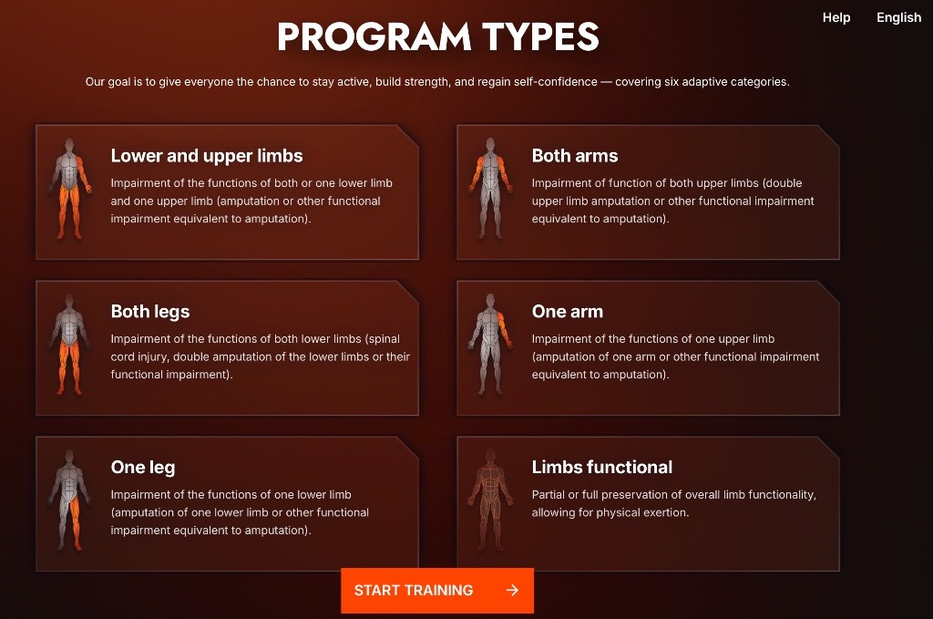 A screenshot of a "PROGRAM TYPES" selection screen from the MadMuscles app, displaying six categories for adaptive training. Each category shows a simplified human figure highlighting the affected limbs and includes a brief description of the impairment. The categories are: "Lower and upper limbs," "Both arms," "Both legs," "One arm," "One leg," and "Limbs functional." A prominent "START TRAINING" button is at the bottom.