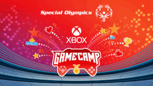 A promotional banner for the Xbox and Special Olympics Game Camp. The logos for Special Olympics and Xbox are featured against a vibrant red and orange background with gaming-themed icons like hearts, stars, and a trophy.
