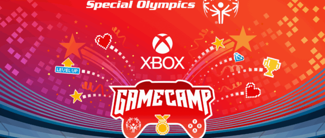 A promotional banner for the Xbox and Special Olympics Game Camp. The logos for Special Olympics and Xbox are featured against a vibrant red and orange background with gaming-themed icons like hearts, stars, and a trophy.