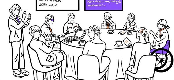 inclusive training material workshop A black and white line drawing depicts a diverse group of people attending an