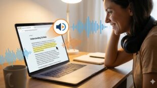 A person sitting at a desk viewing an article titled "Understanding Dyslexia" on a laptop. A text-to-speech browser extension highlights the text in yellow, with illustrated sound waves and a speaker icon indicating the computer is reading the content aloud.