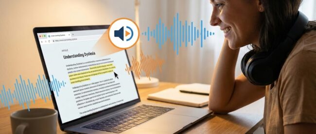 A person sitting at a desk viewing an article titled 