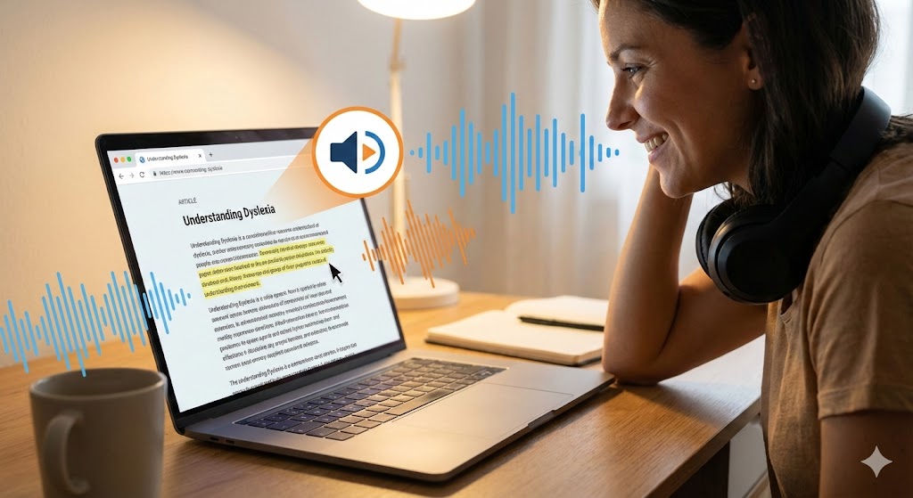 A person sitting at a desk viewing an article titled "Understanding Dyslexia" on a laptop. A text-to-speech browser extension highlights the text in yellow, with illustrated sound waves and a speaker icon indicating the computer is reading the content aloud.